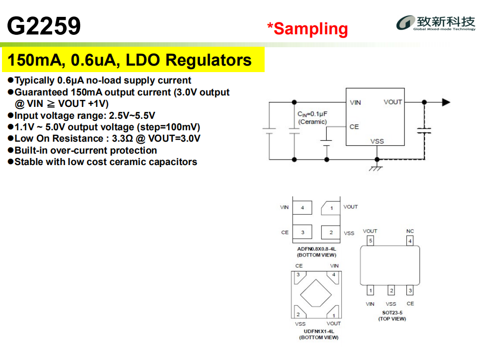 G2259 台湾致新代理商 GMT LDO系列 单电源LDO