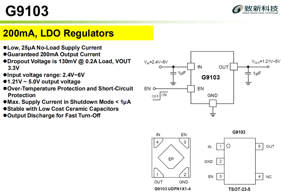 G9103 台湾致新代理商 GMT LDO系列 单电源LDO